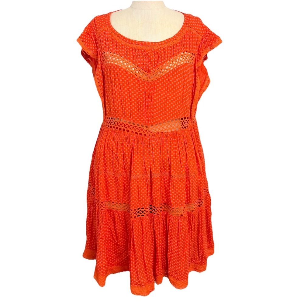 Free People Retro Kitty Crochet Mini Babydoll Dress Tangerine Orange XS‎ FLAW